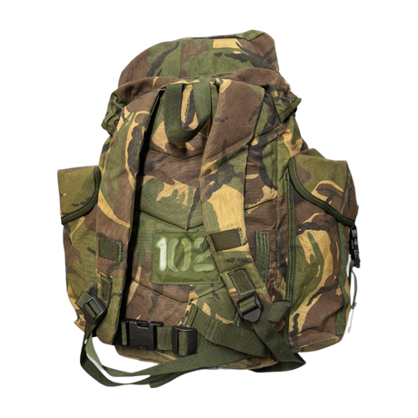 British Army DPM camouflage rucksack rear view – includes padded shoulder straps, waist belt, and "102" stencil marking, authentic military surplus pack for bushcraft and adventure gear