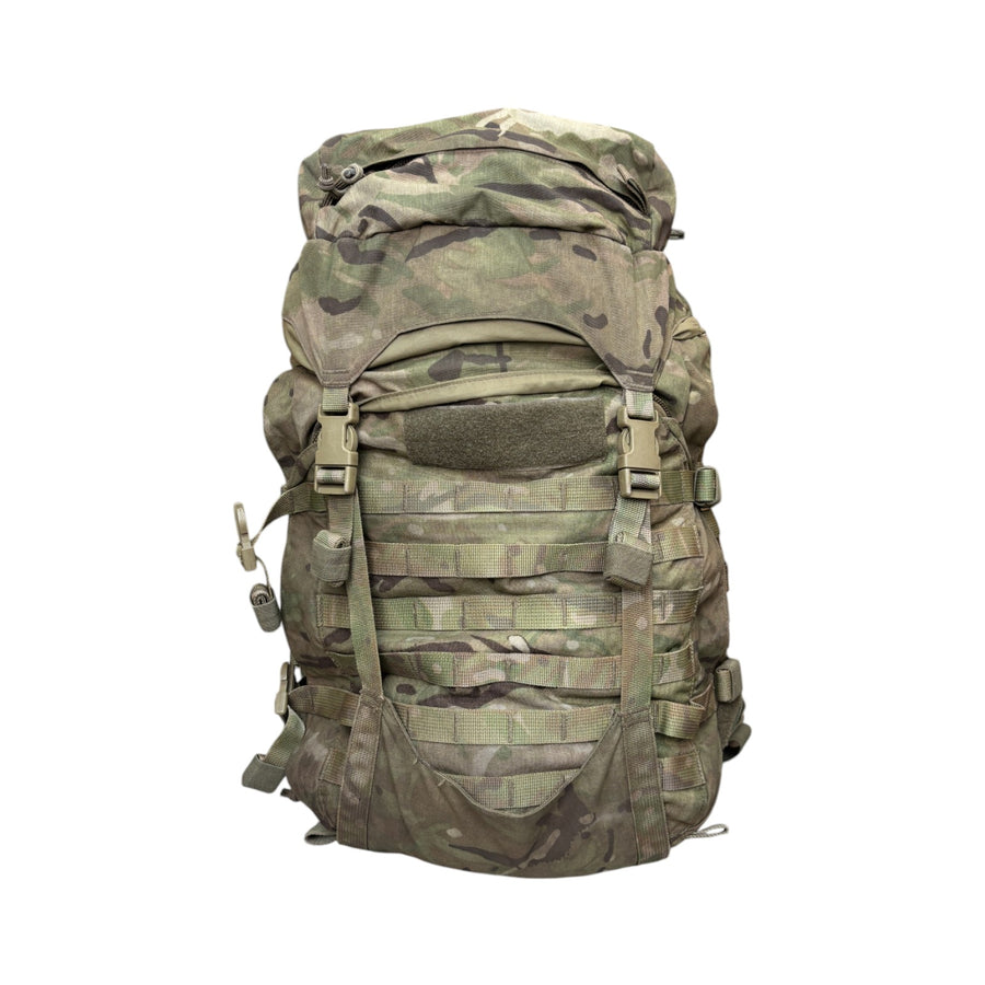 Front view of a British Army Virtus 40L MTP Daysack featuring MOLLE webbing, dual lid pockets, and a storm flap under the lift-off lid