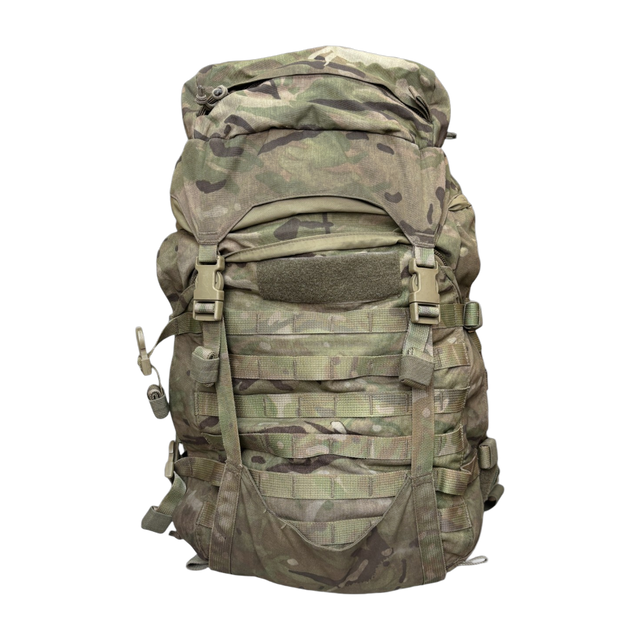 Front view of a British Army Virtus 40L MTP Daysack featuring MOLLE webbing, dual lid pockets, and a storm flap under the lift-off lid