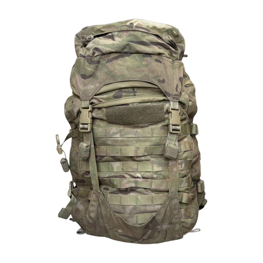 Front view of a British Army Virtus 40L MTP Daysack featuring MOLLE webbing, dual lid pockets, and a storm flap under the lift-off lid
