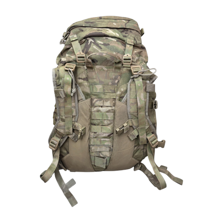 Rear view of a Virtus 40L MTP Daysack showing adjustable padded shoulder straps, sternum strap, and MOLLE loops on the back panel