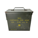 Front view of a NATO Tall 50 Cal Ammo Box marked for 5.56mm cartridges, featuring military green paint and yellow stenciling
