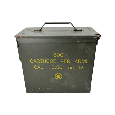 Front view of a NATO Tall 50 Cal Ammo Box marked for 5.56mm cartridges, featuring military green paint and yellow stenciling