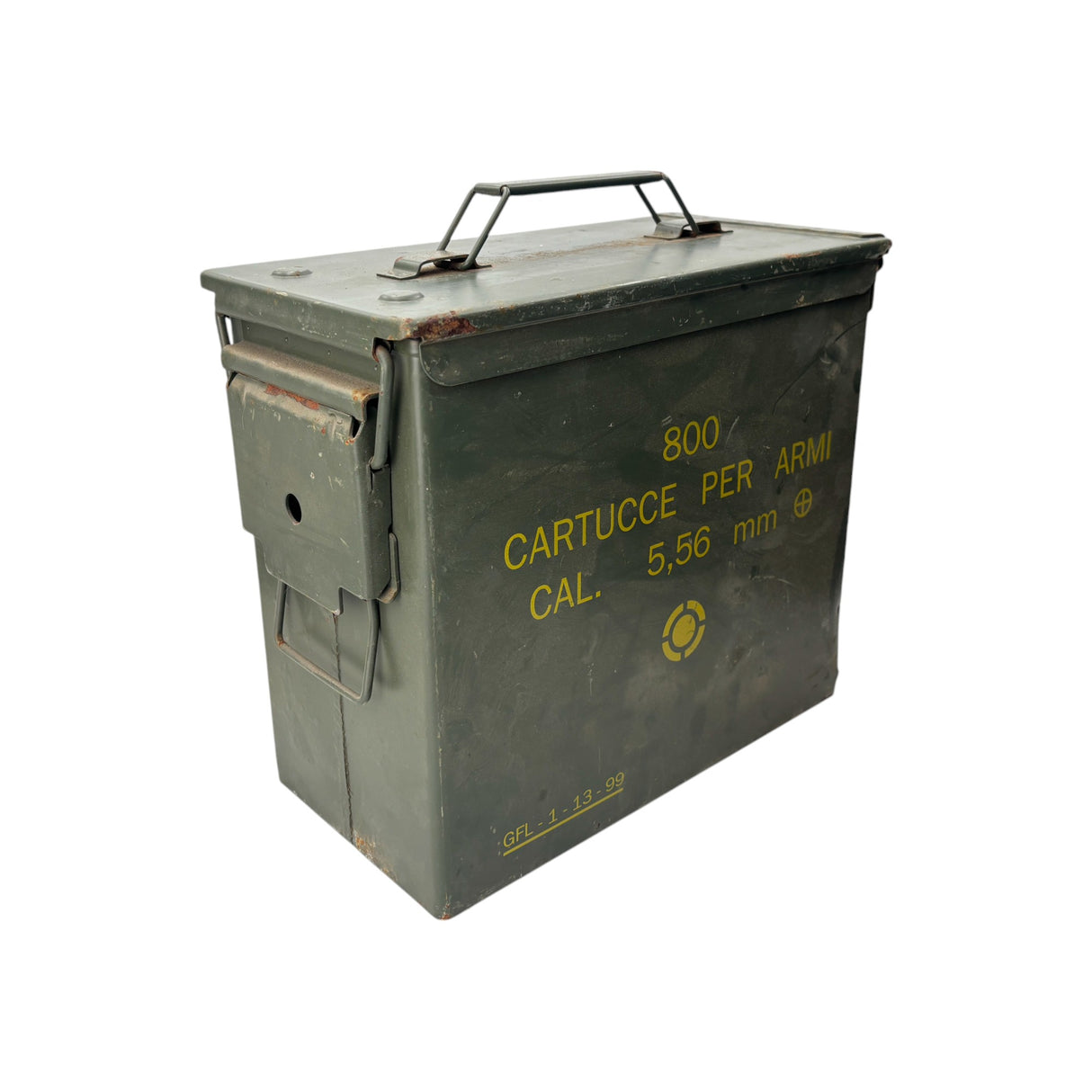 Angled side view of a NATO Tall 50 Cal Ammo Box with 5.56mm caliber markings and durable steel construction
