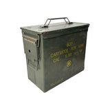 Angled side view of a NATO Tall 50 Cal Ammo Box with 5.56mm caliber markings and durable steel construction