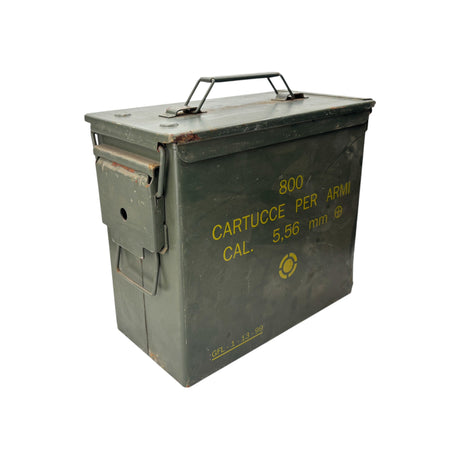 Angled side view of a NATO Tall 50 Cal Ammo Box with 5.56mm caliber markings and durable steel construction