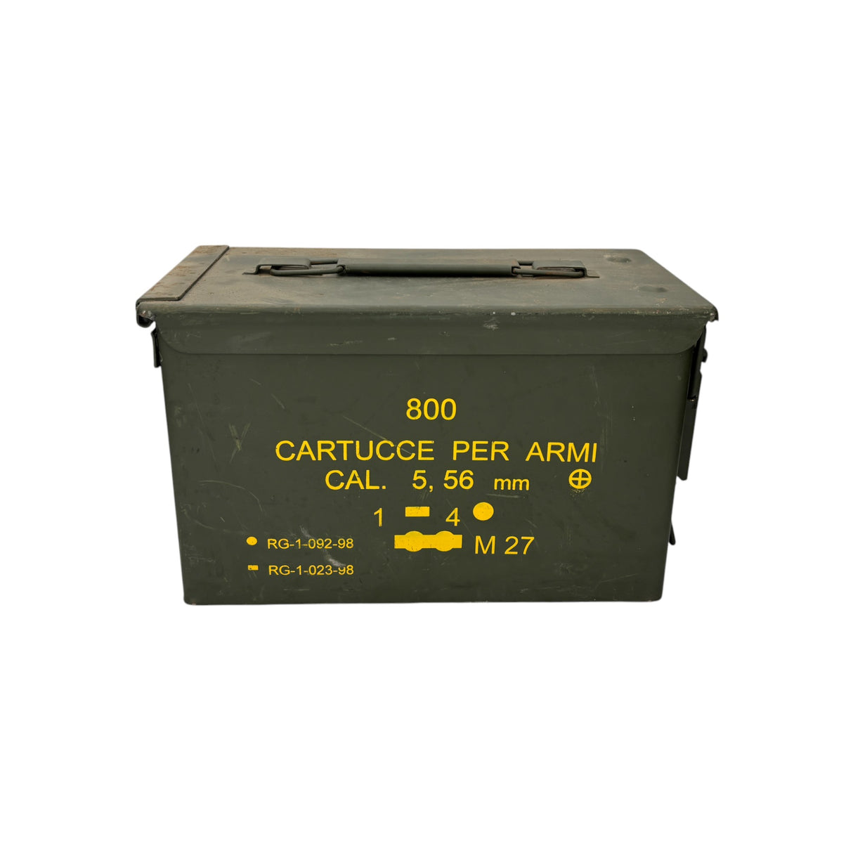 Genuine NATO 50 Cal Ammo Box with Italian military markings – 5.56mm steel surplus ammunition can for rugged storage