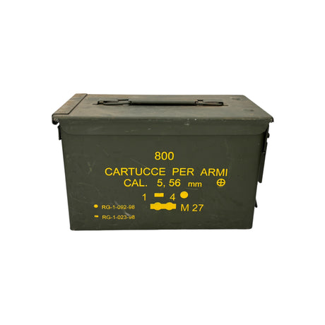 Genuine NATO 50 Cal Ammo Box with Italian military markings – 5.56mm steel surplus ammunition can for rugged storage