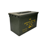 Side view of military surplus 50 Cal Ammo Box – durable green metal container with secure latch and 5.56mm cartridge labeling