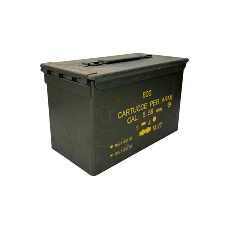Side view of military surplus 50 Cal Ammo Box – durable green metal container with secure latch and 5.56mm cartridge labeling