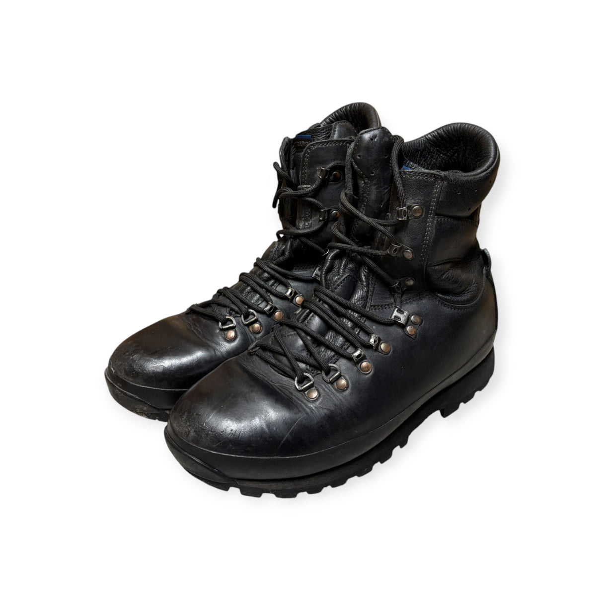 Pair of British Army Altberg Defender black leather combat boots – front angle view - grade 1 condition army combat boots