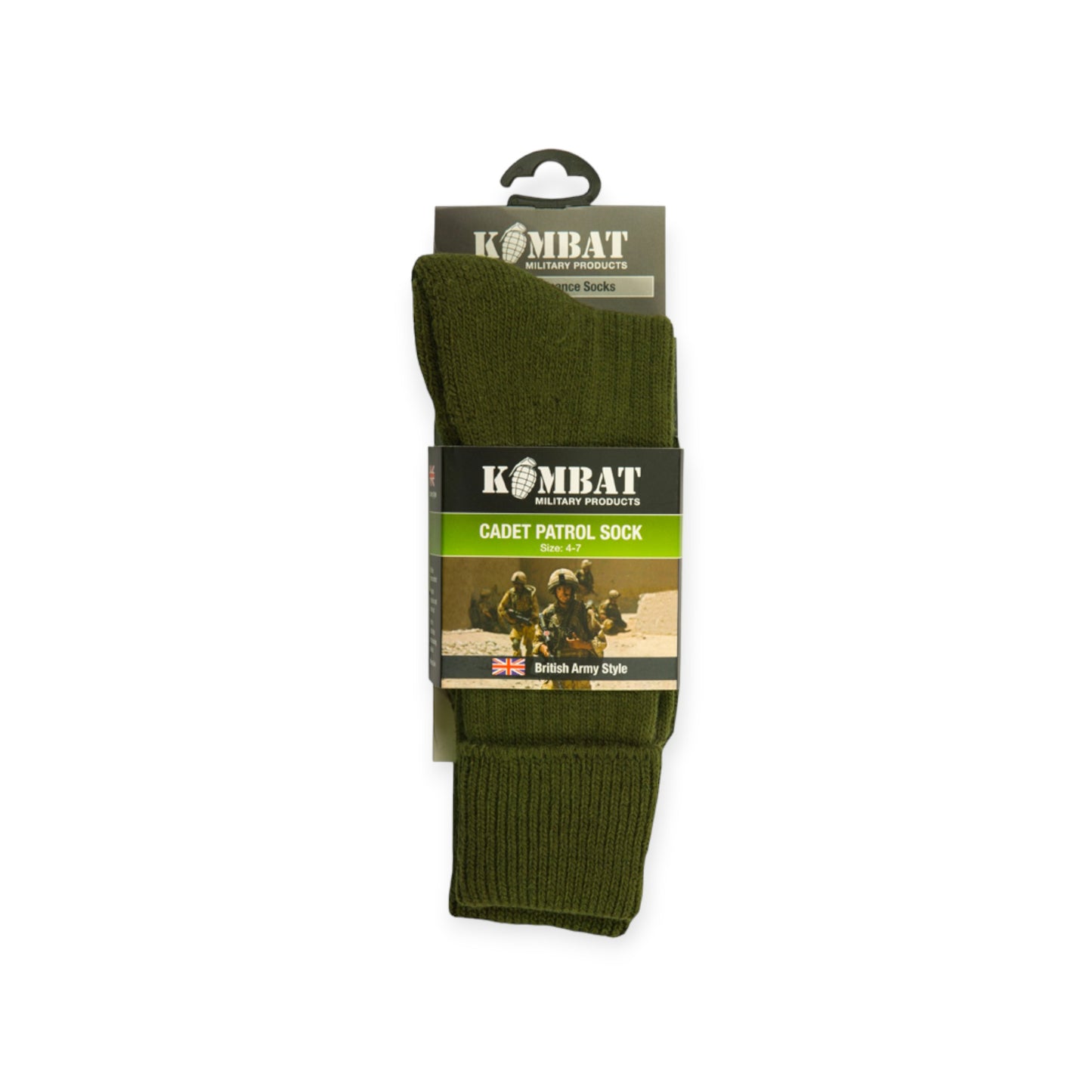 Kombat Cadet Socks in Olive Green - Warm, durable, and comfortable combat socks designed for outdoor activities. Made from a blend of acrylic, wool, and nylon. Reinforced sole for added comfort. One size fits UK 4-7