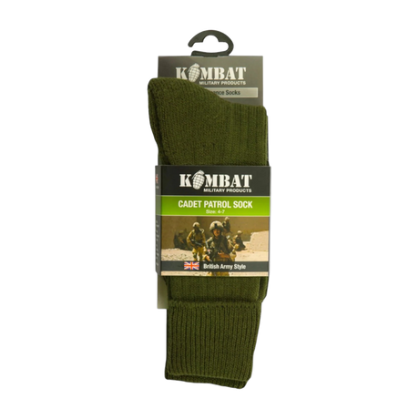 Kombat Cadet Socks in Olive Green - Warm, durable, and comfortable combat socks designed for outdoor activities. Made from a blend of acrylic, wool, and nylon. Reinforced sole for added comfort. One size fits UK 4-7