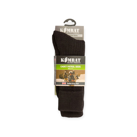 Kombat Cadet Socks in Black - Warm, durable, and comfortable combat socks designed for outdoor activities. Made from a blend of acrylic, wool, and nylon. Reinforced sole for added comfort. One size fits UK 4-7