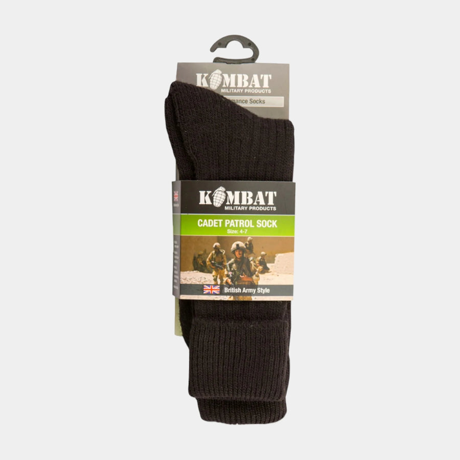 Kombat Cadet Socks in Black - Warm, durable, and comfortable combat socks designed for outdoor activities. Made from a blend of acrylic, wool, and nylon. Reinforced sole for added comfort. One size fits UK 4-7