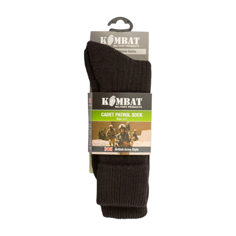 Kombat Cadet Socks in Black - Warm, durable, and comfortable combat socks designed for outdoor activities. Made from a blend of acrylic, wool, and nylon. Reinforced sole for added comfort. One size fits UK 4-7