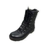 German Army-issue paratrooper boots - Black leather, outdoor-ready, durable design with padded collar and speed lace system. Grade 1 condition. Sizes 3 to 14.5.