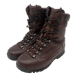 Pair of brown leather Karrimor SF British Army combat boots, front three-quarter view, laced, on white background.