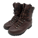 Pair of brown leather Karrimor SF British Army combat boots, front three-quarter view, laced, on white background.