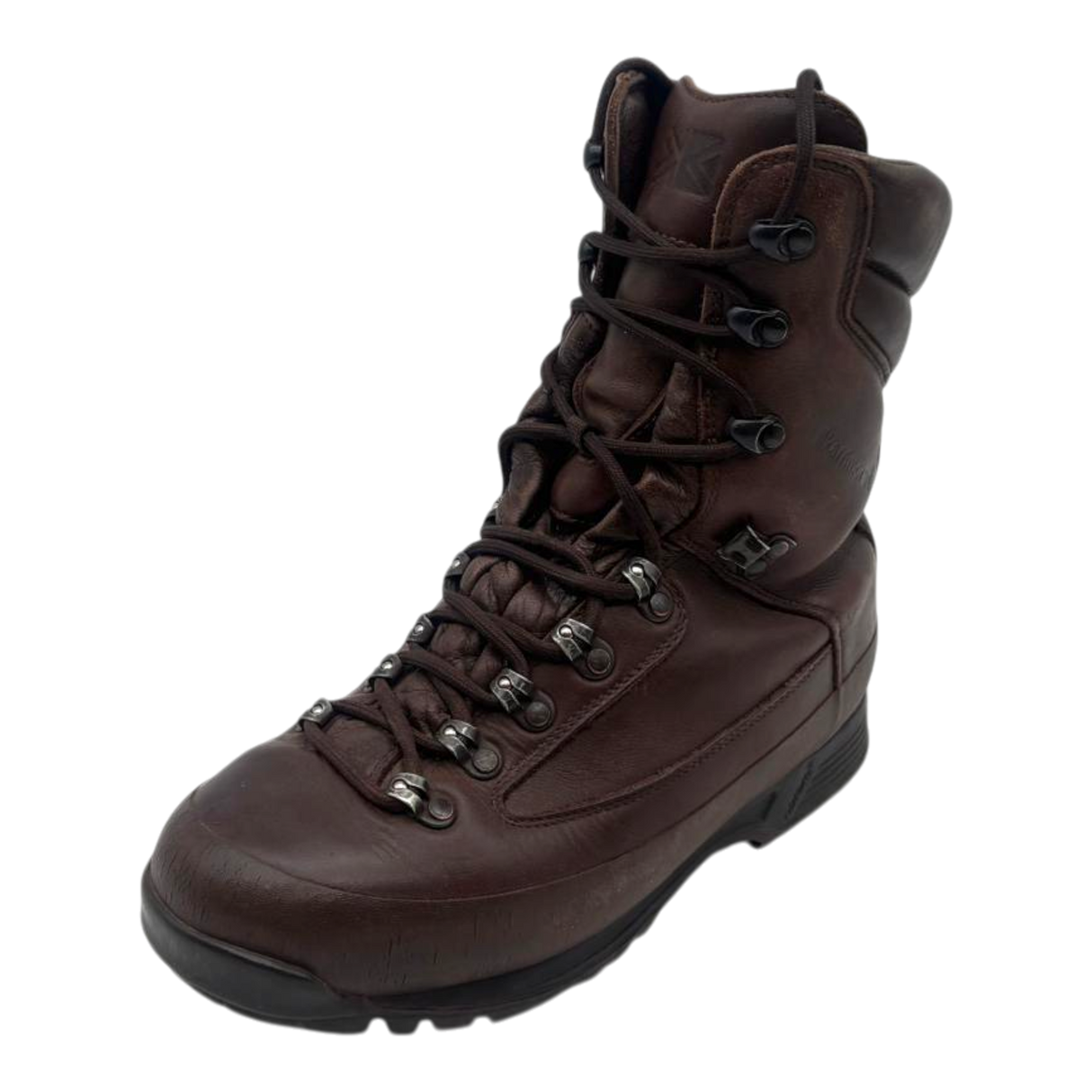 Brown leather Karrimor SF British Army combat boot, three-quarter front view, showing lace eyelets, hooks, and padded ankle cuff.