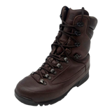 Brown leather Karrimor SF British Army combat boot, three-quarter front view, showing lace eyelets, hooks, and padded ankle cuff.