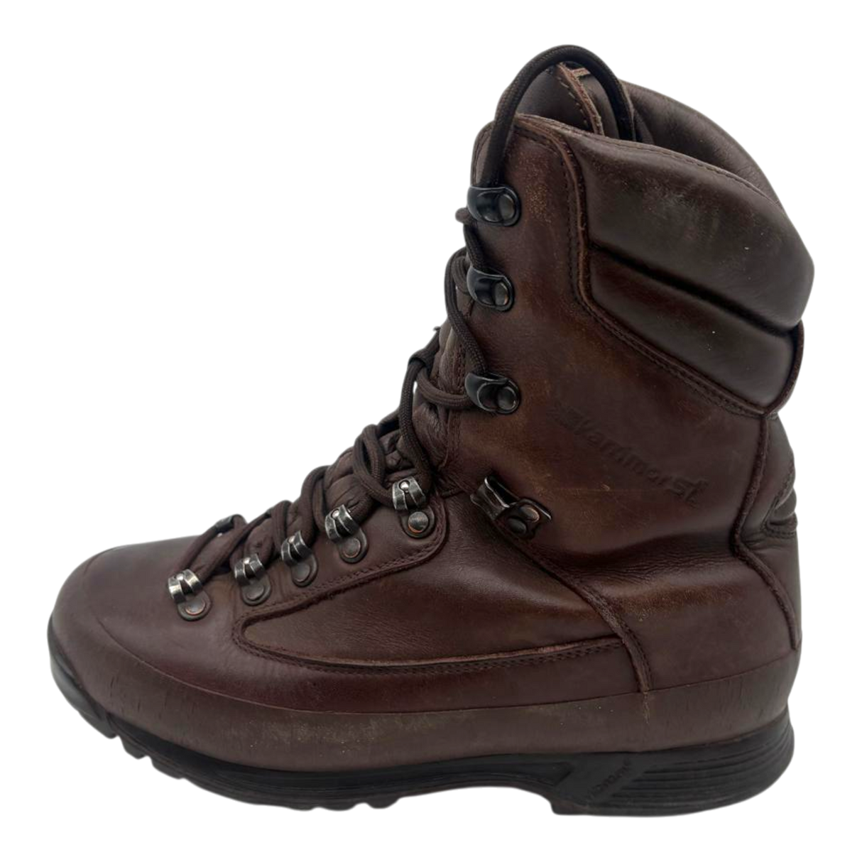 Brown leather Karrimor SF combat boot, left side profile, showing Karrimor branding, lacing system, and Vibram-style sole.