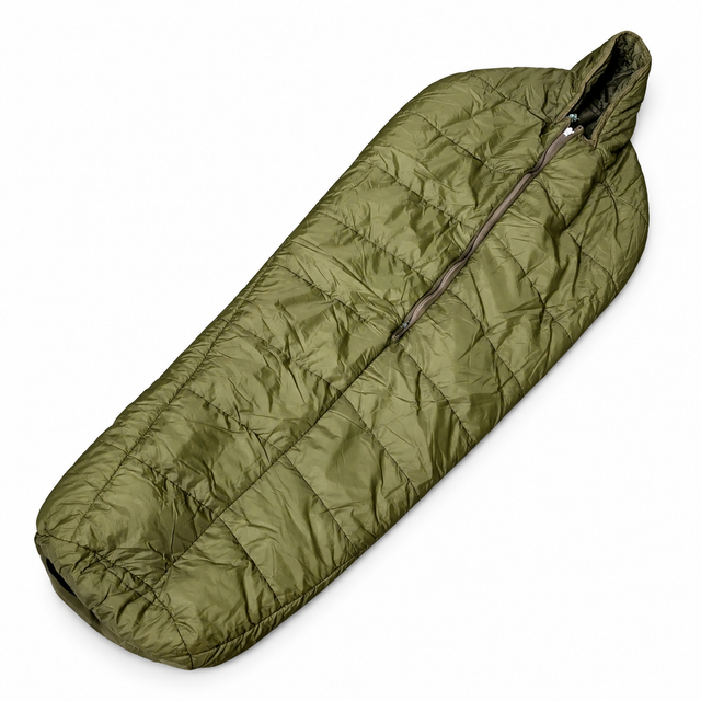 British Army Arctic sleeping bag in olive green, unfolded with hood and central zip