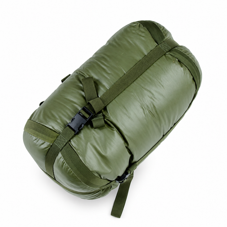 British Army Arctic olive green compression sack shown packed; compression sack only, sleeping bag not included