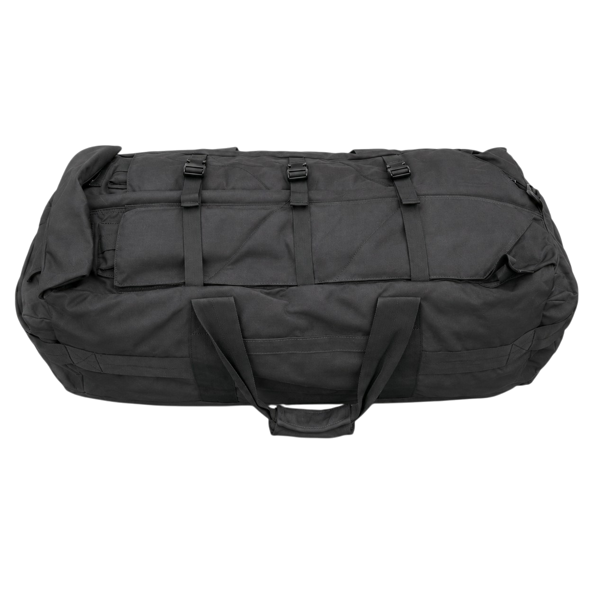 British Army black deployment bag 100L holdall with carry handles and compression straps, front view