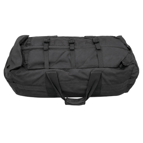 British Army black deployment bag 100L holdall with carry handles and compression straps, front view