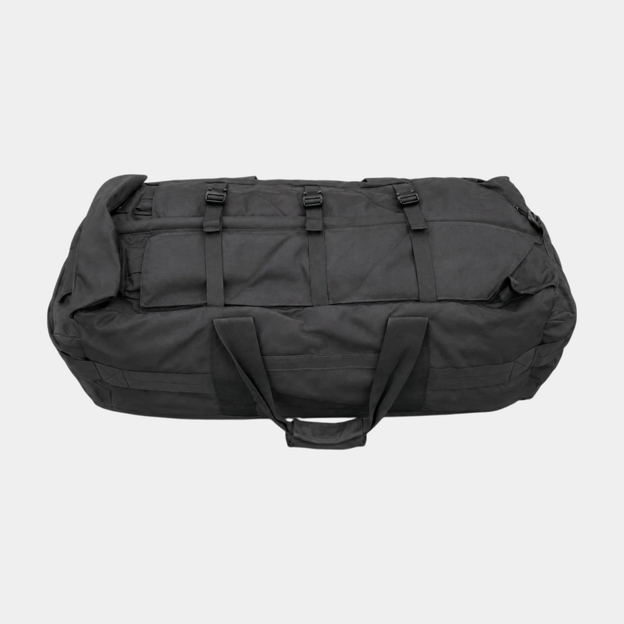 British Army black deployment bag 100L holdall with carry handles and compression straps, front view