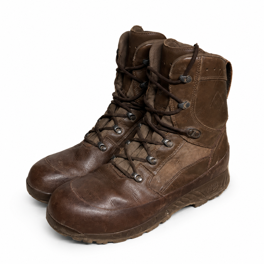 Pair of HAIX brown GORE-TEX British Army combat boots, front three-quarter view