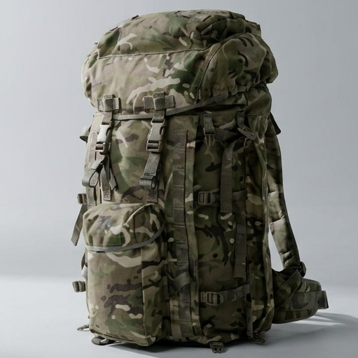 British Army MTP camouflage military bergen rucksack with large main compartment, top lid, front pouch, compression straps and padded waist belt.