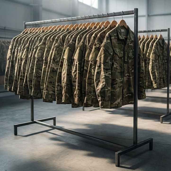 British Army MTP camouflage jackets displayed on clothing racks in a clean, modern warehouse.