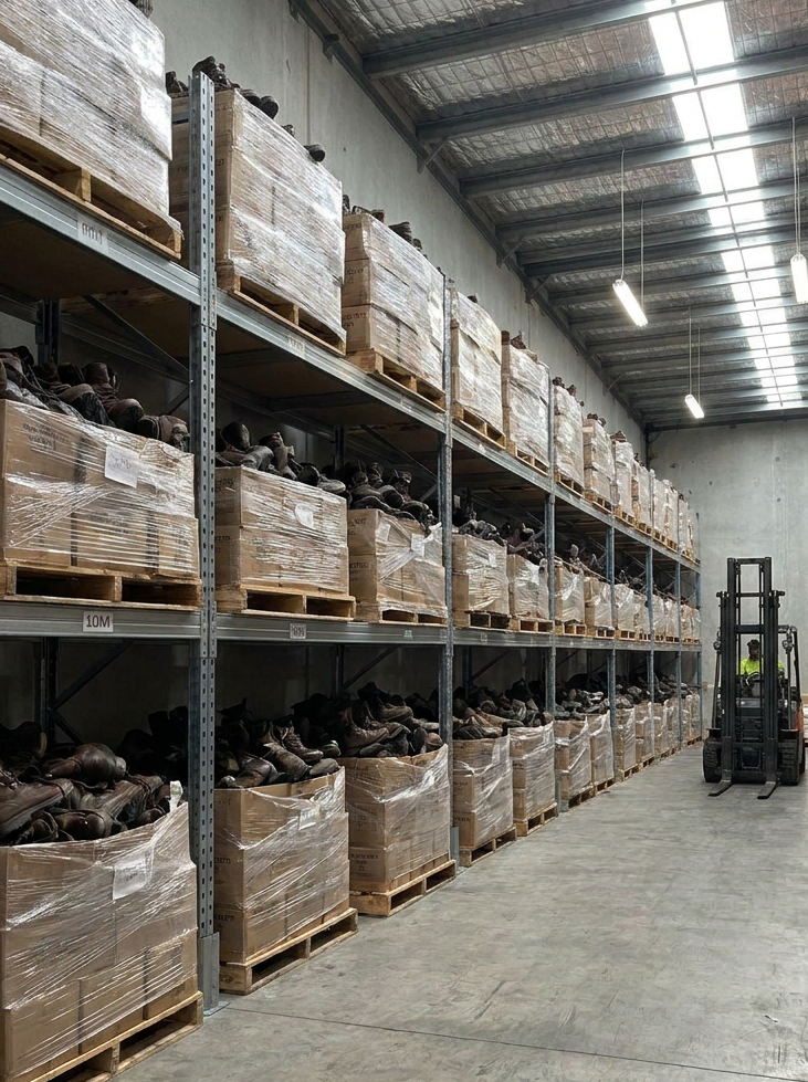 A long warehouse aisle lined with tall metal shelving holding large wrapped pallets and boxes, with a forklift visible in the distance under bright overhead lights.