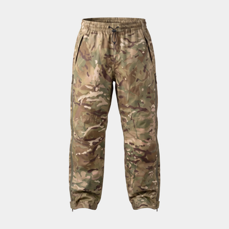 British Army MTP Lightweight Waterproof Gore-Tex Trousers front view, genuine military surplus over trousers in MTP camouflage with drawcord waist and full-length leg zips