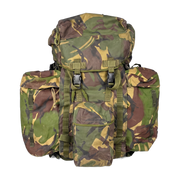 Genuine British Army DPM bergen 100L PLCE rucksack, front view with both side pockets fitted