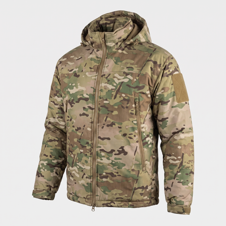 Level 7 insulated winter jacket in Multicam – front view, hood down