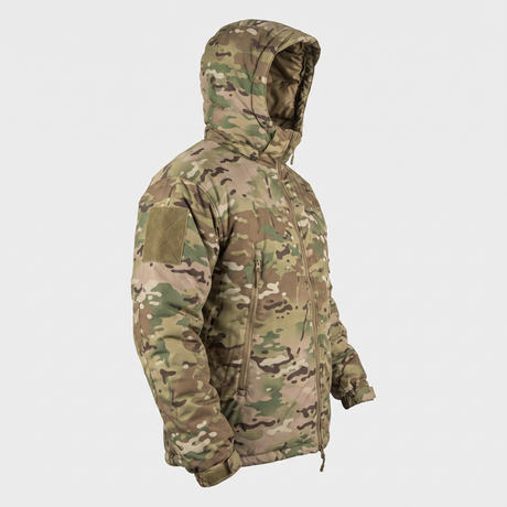 Level 7 insulated winter jacket in Multicam – side view with hood up