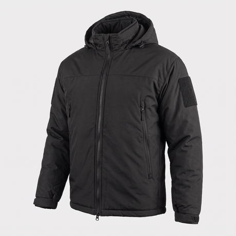 Level 7 insulated winter jacket in Black – front view, hood down