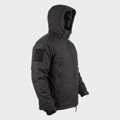 Level 7 insulated winter jacket in Black – side view with hood up