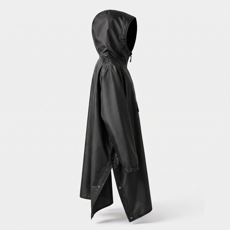 Battalion Hooded Rain Poncho in Black – side, hood up