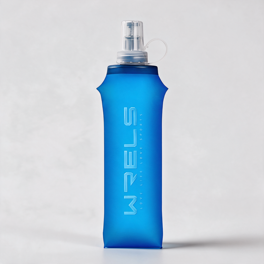 WRELS collapsible soft flask 500ml in blue, filled and standing upright