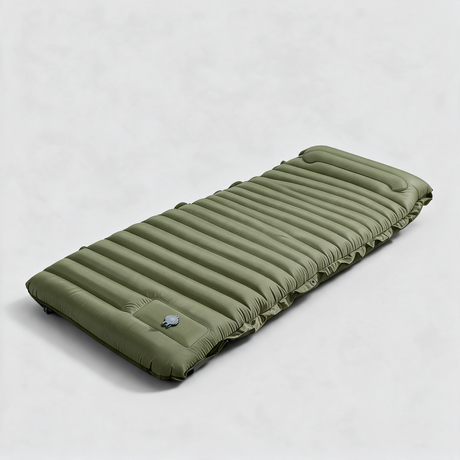 Olive green self-inflating sleeping mat with built-in pump, fully inflated