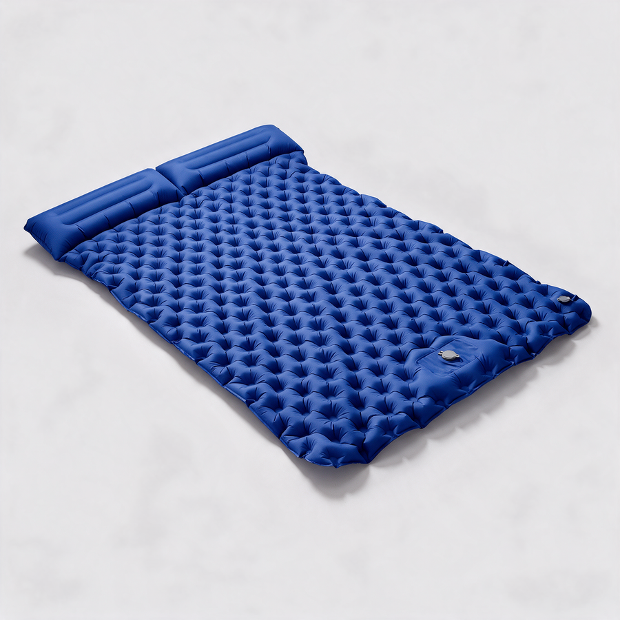 Royal blue double camping sleeping mat with built-in pump, fully inflated