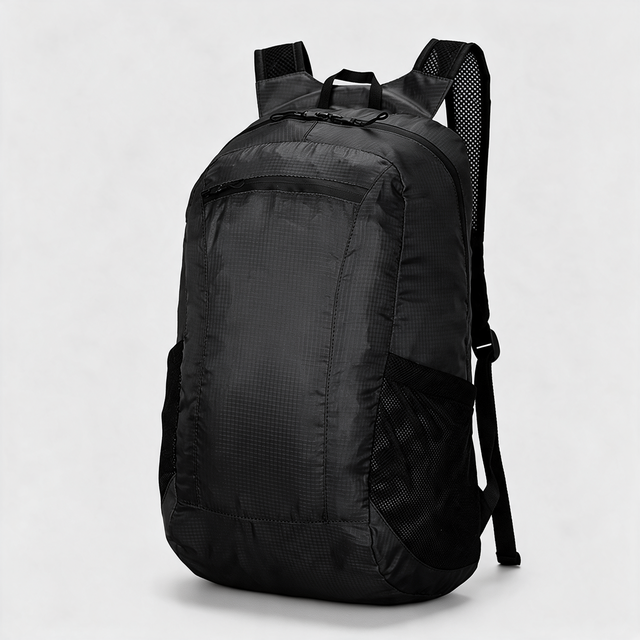 Black 20L packable foldaway daypack, unbranded, front three-quarter view