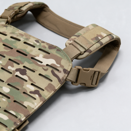 Laser-cut MOLLE panel and side-release buckle detail, Multicam