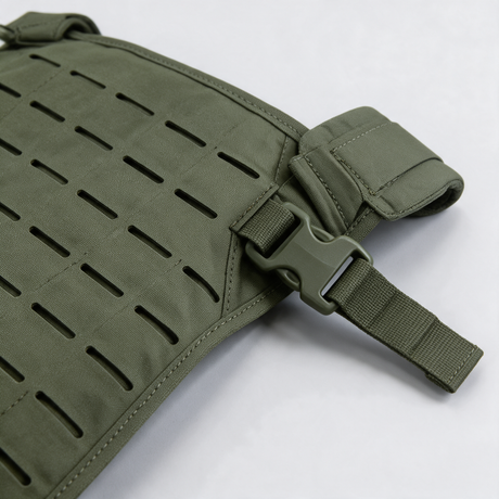 Laser-cut MOLLE panel and side-release buckle detail, Olive Green