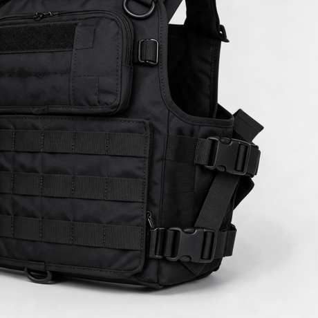 Front map pocket, MOLLE webbing and padded shoulder pad detail, Black