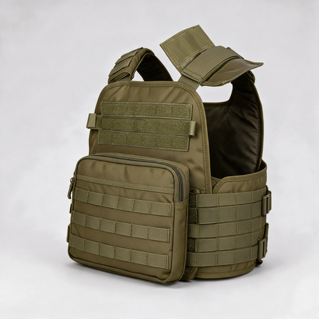 Front map pocket, MOLLE webbing and padded shoulder pad detail, Olive Green